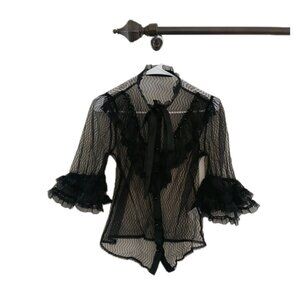 Black Sheer Ruffle Blouse Whimsigoth Coquette Tie Neck Tiered Sleeve Top L